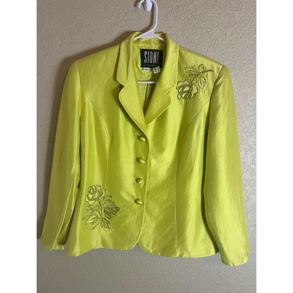 Sioni Couture Blazer Women Size 12 Lime Green Silk Beaded Floral Shimmer